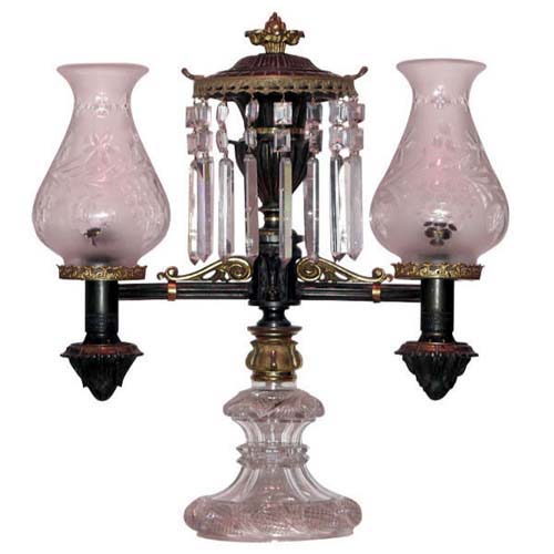 Argand Lamp, Bronze & Crystal