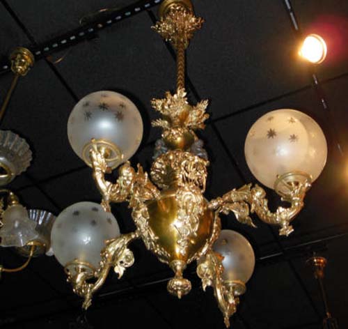 Brass Rococo Gas Chandelier w cherubs  SOLD