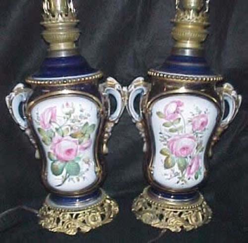 Pair of Old Paris Porcelain Oil Lamps    Sold